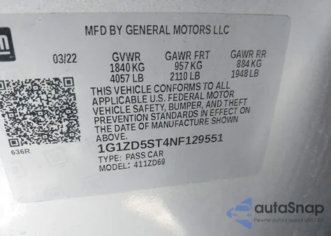 2022 Chevrolet Malibu Fwd Lt z USA, uszkodzony, nr VIN 1G1ZD5ST4NF129551